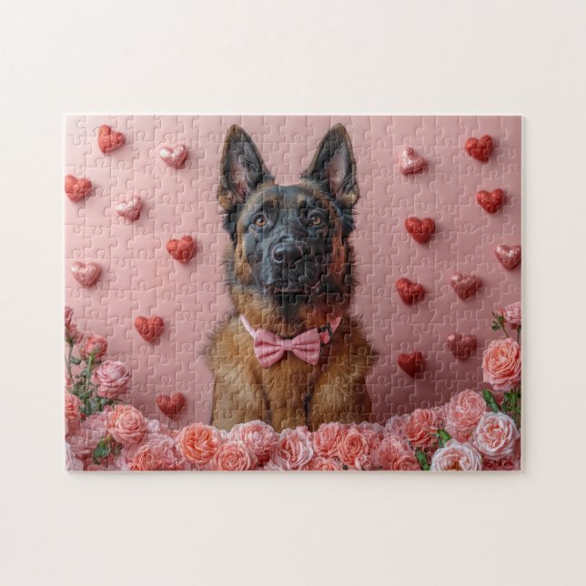 Puzzle Malinois belge avec des roses - Saint-Valentin  (Horizontal)