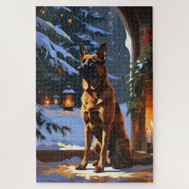 Puzzle Malinois belge avec lumières de Noël vacances  (Vertical)
