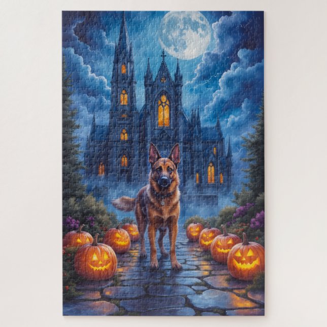 Puzzle Malinois belge Cathédrale gothique Art Halloween (Vertical)