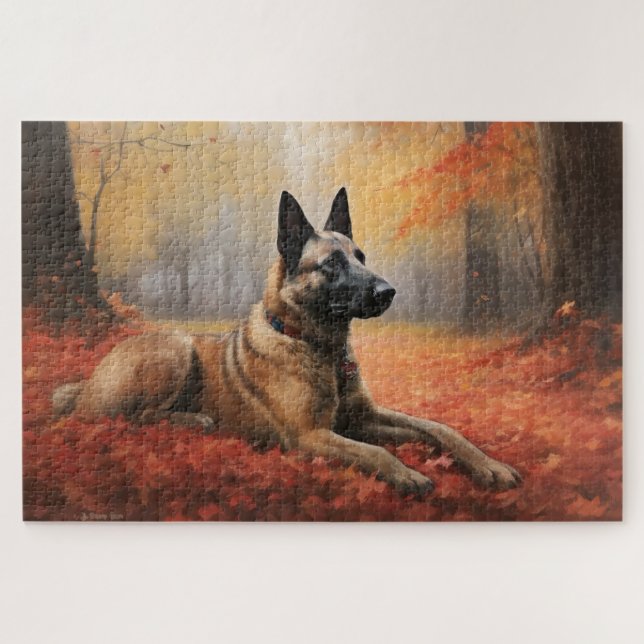 Puzzle Malinois belge dans les feuilles d'automne qui tom (Horizontal)