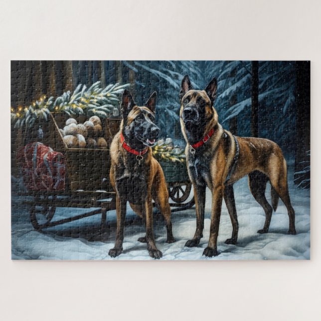 Puzzle Malinois Belge Traîneau enneigé Décor de Noël (Horizontal)