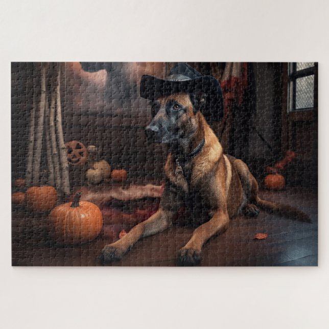 Puzzle Malinois Belges Citrouilles Halloween Épouvantable (Horizontal)