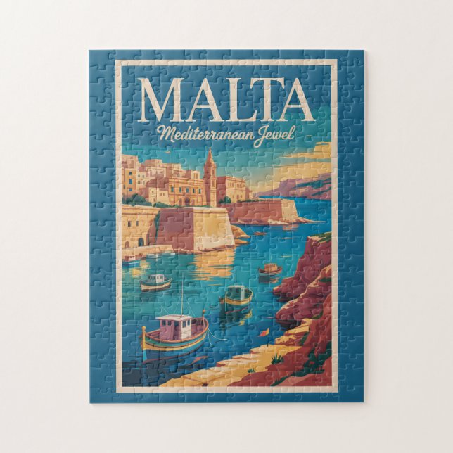 Puzzle Malta Coast Illustration Travel Art Vintage (Vertical)