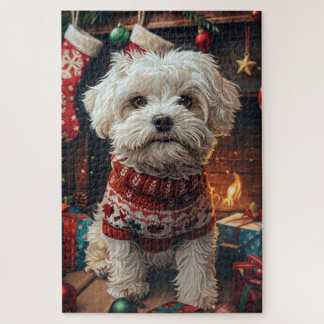 Puzzle Malti Tzu Chien Avec Cheminée Cadeaux De Noël (Vertical)