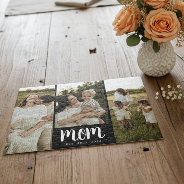 Puzzle Maman a établi un script noir 3 Photo (modern 3 photo black and white script mom established puzzle gift for mom on Mother's Day Christmas)
