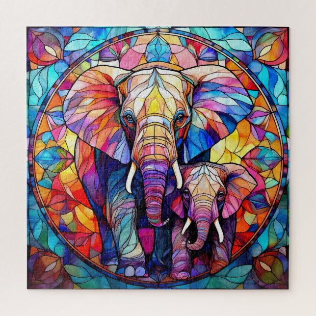 Puzzle Maman éléphant et bébé en vitrail  (Vertical)