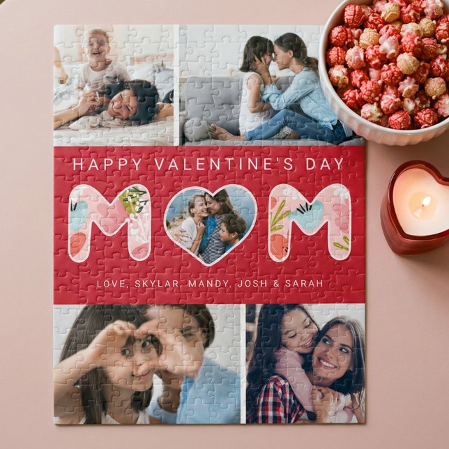 Puzzle Maman Heureuse Sainte-Valentin, Collage photo et f (Happy Valentine's Day Mom, Photo Collage & Florals Jigsaw Puzzle)