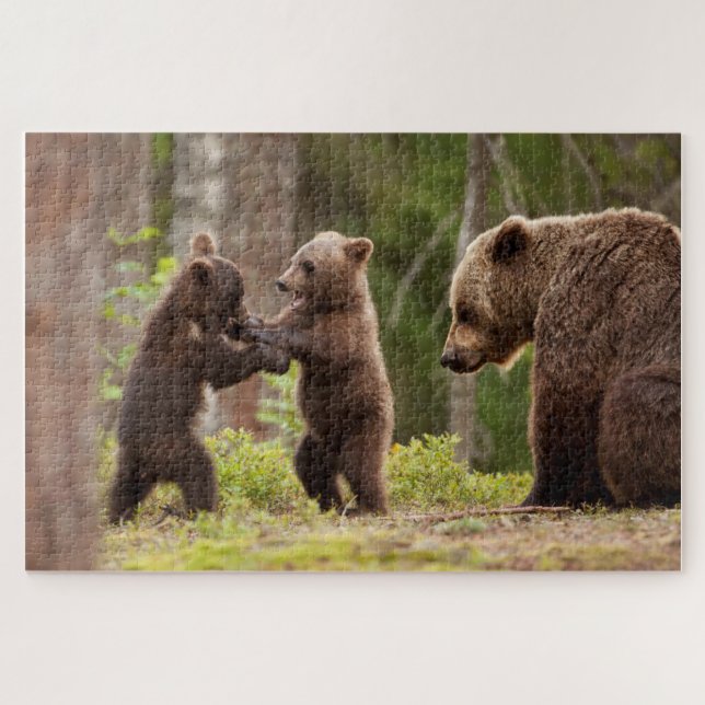 Puzzle Maman ours grizzly avec des oursons joueurs (Horizontal)