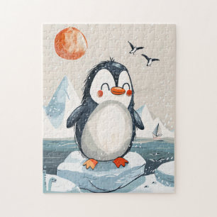 Puzzle manchot de dessin animé drôle sur un floe de glace