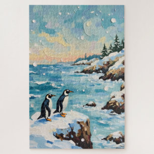 Puzzle Manchots vintage sur une falaise côtière enneigée