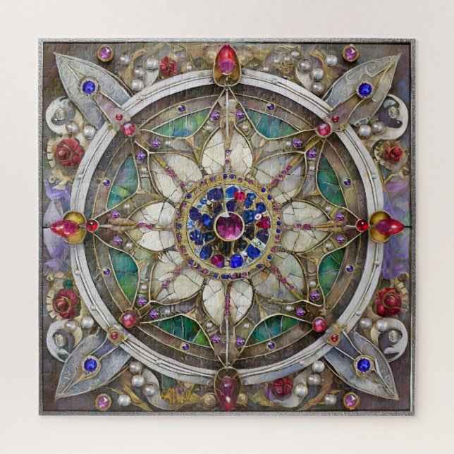 Puzzle Mandala de rubis, d'améthyste, de saphir et de per (Vertical)