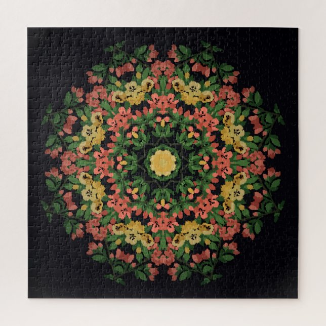 Puzzle Mandala floral : rouge, vintage jaune. (Vertical)