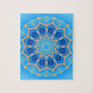 Puzzle Mandala in electric blue and turquoise