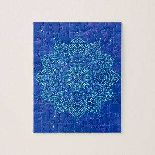 Puzzle Mandala in Sky Nebula and Stars Galaxy Blue