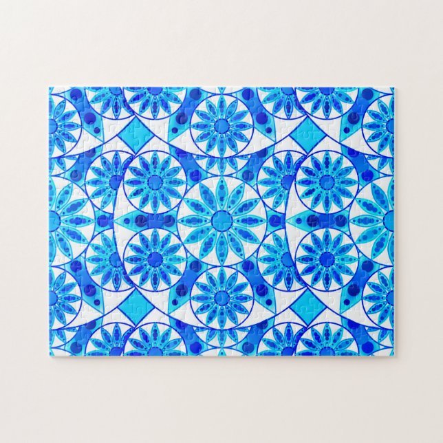 Puzzle Mandala Motif, Bleu de Cobalt, Turquoise et Blanc (Horizontal)