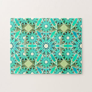 Puzzle Mandala Motif, Turquoise, gris argenté et blanc