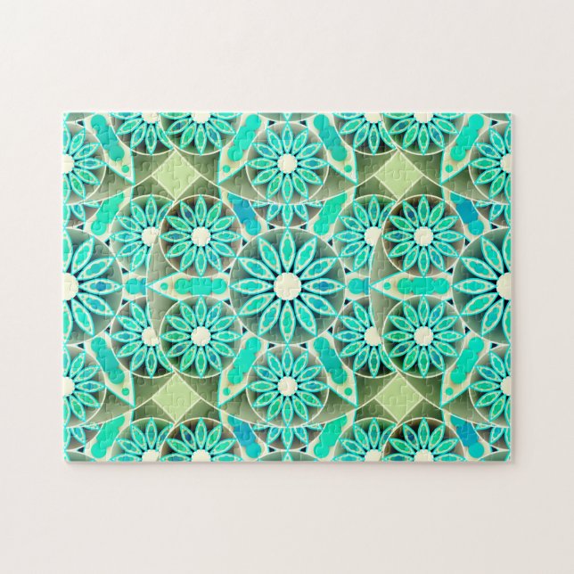 Puzzle Mandala Motif, Turquoise, gris argenté et blanc (Horizontal)