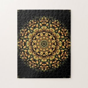 Puzzle Mandala noir floral d'or
