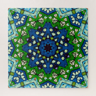 Puzzle Mandala Retro Mosaic Vert Motif bleu