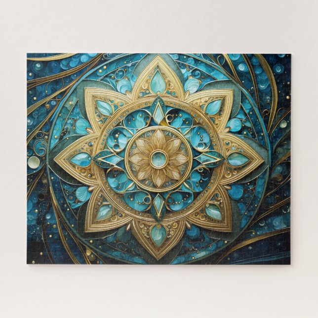 Puzzle Mandala Turquoise Blue Gold (Horizontal)