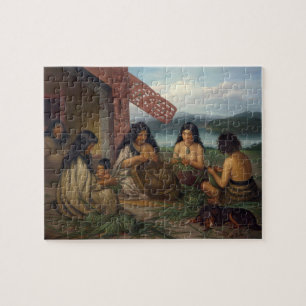 Puzzle Maoris tressant des paniers de lin, par G.