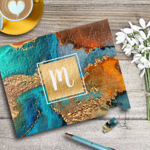Puzzle Marbre aquarelle monogramme or turquoise & orange