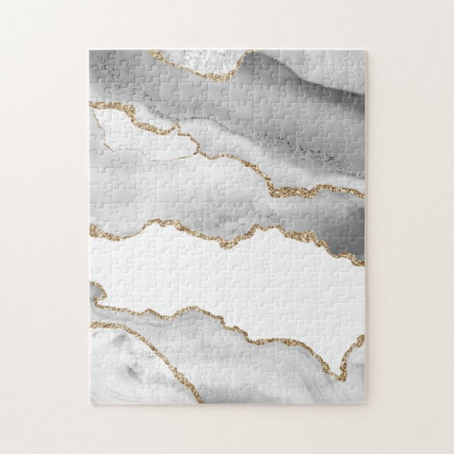 Puzzle Marbre Blanc Grisé Agate Raffiné Paillettes Dorées (Vertical)