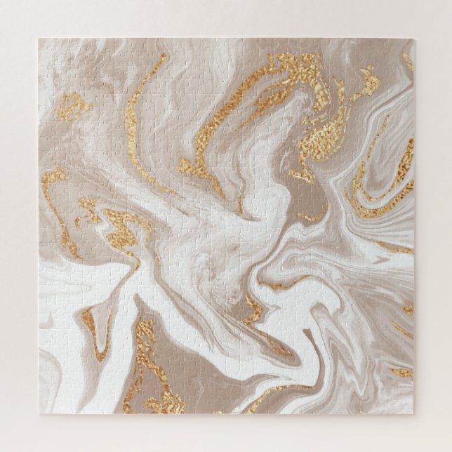 Puzzle Marbre liquide beige, art de la ligne dorée. (Vertical)