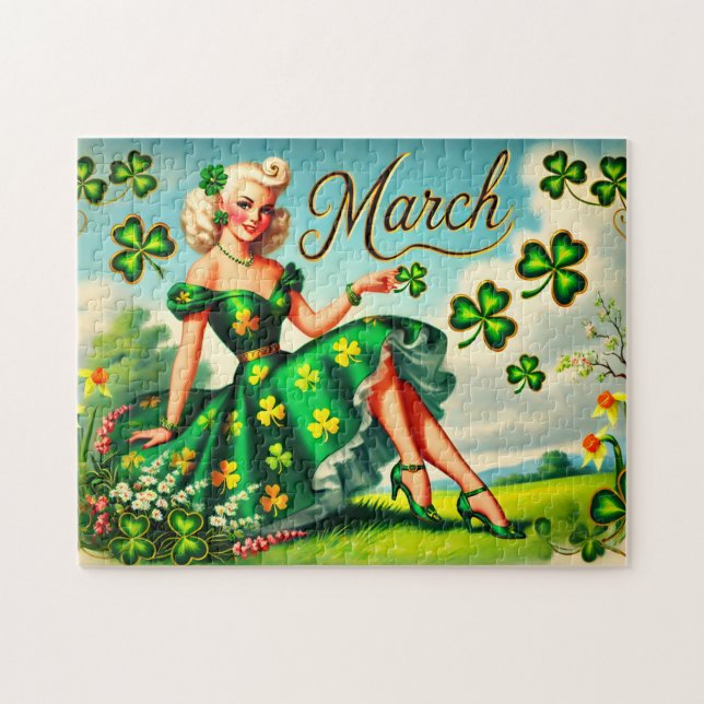 Puzzle March Retro Pin-Up Girl St. Patrick's Day (Horizontal)