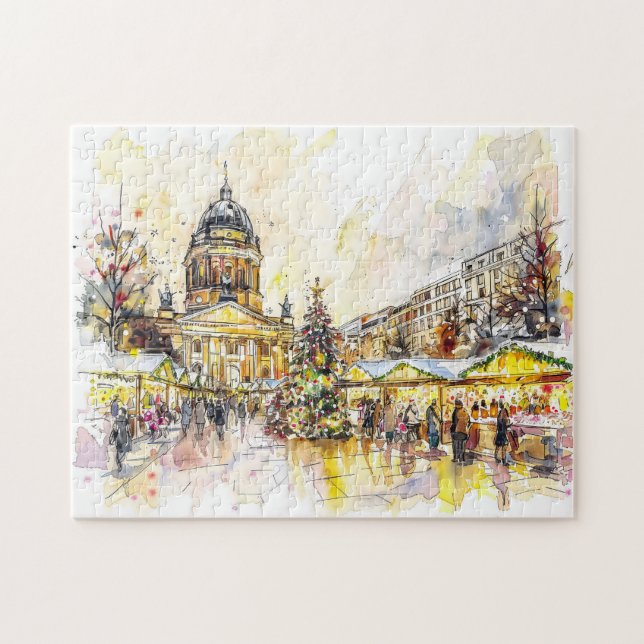 Puzzle Marché de Noël à l'aquarelle Berlin Gendarmenmarkt (Horizontal)