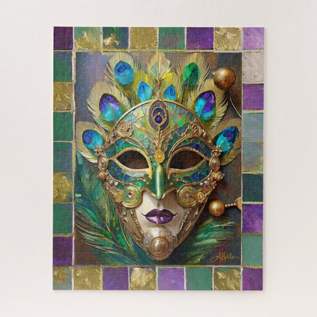 Puzzle Mardi Gras Gold Ceramic Peacock Feature Masque (Vertical)