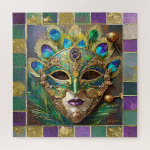 Puzzle Mardi Gras Gold Ceramic Peacock Feature Masque
