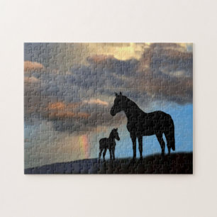 Puzzle Mare et poulain sauvage avec arc-en-ciel