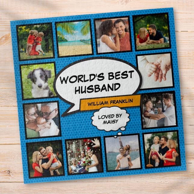 Puzzle Mari 12 Photo Collage Comique Livre amusant Bleu (Husband 12 Photo Collage Comic Book Fun Blue Jigsaw Puzzle)