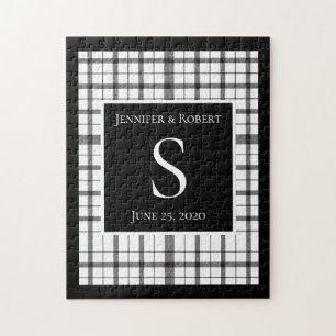 Puzzle Mariage à carreaux noir et blanc avec monogramme
