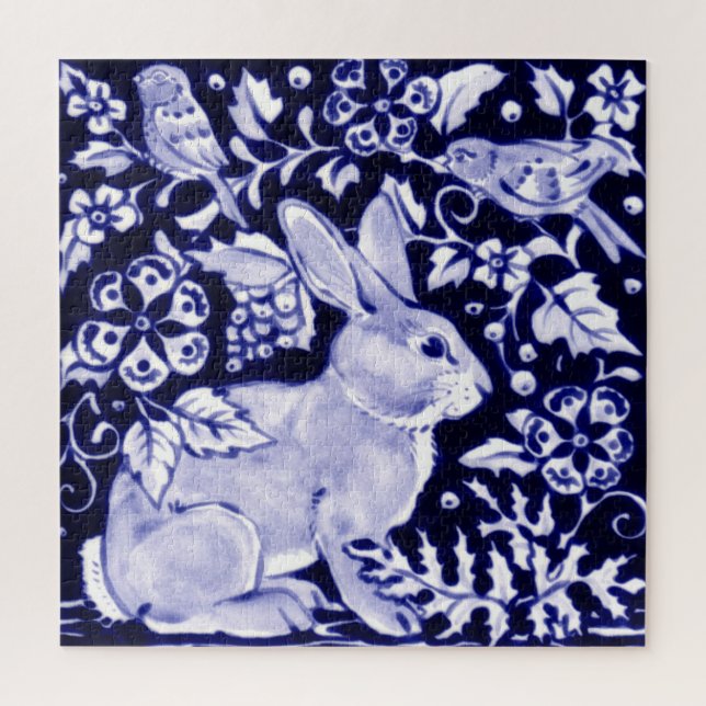 Puzzle Marine Bleu Blancs Lapin Bois Élégant Art Animal (Vertical)