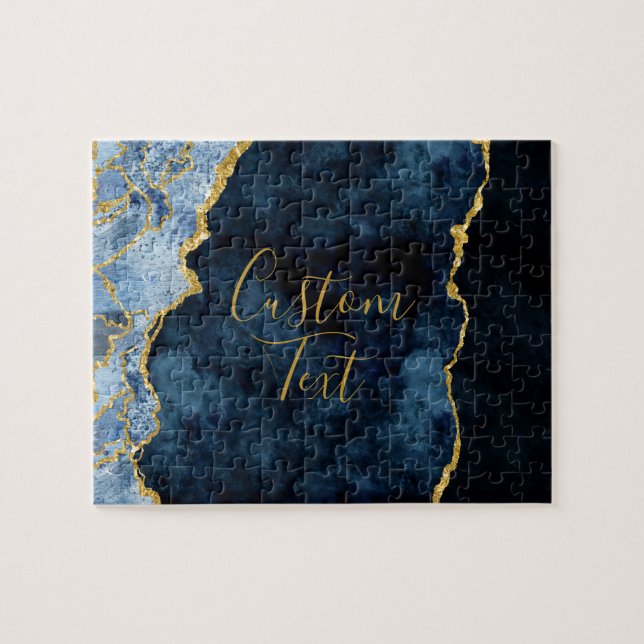 Puzzle Marine Blue & Gold Foil Agate Marbre Texte personn (Horizontal)