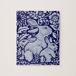 Puzzle Marine Blue & White Lapin Famille et fleurs de lap