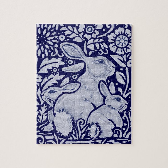 Puzzle Marine Blue & White Lapin Famille et fleurs de lap (Vertical)