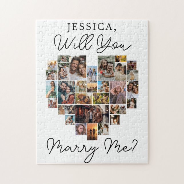 Puzzle Marry Me Heart Couple Photo Collage Script moderne (Vertical)