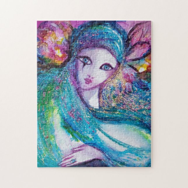 Puzzle MASK IN BLUE / Ventian Masquerade Ball, teal (Vertical)