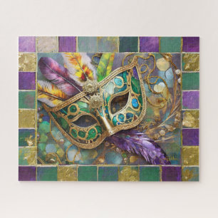 Puzzle Masque de plumes colorées dorées et vertes Mardi G