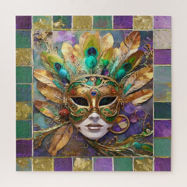 Puzzle Masque de plumes de paon vert et or de Mardi Gras (Vertical)