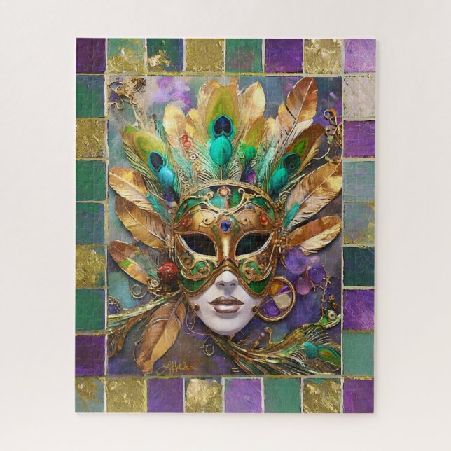 Puzzle Masque de plumes de paon vert et or de Mardi Gras (Vertical)