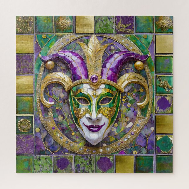 Puzzle Masque Mardi Gras Jester Vert Or (Vertical)