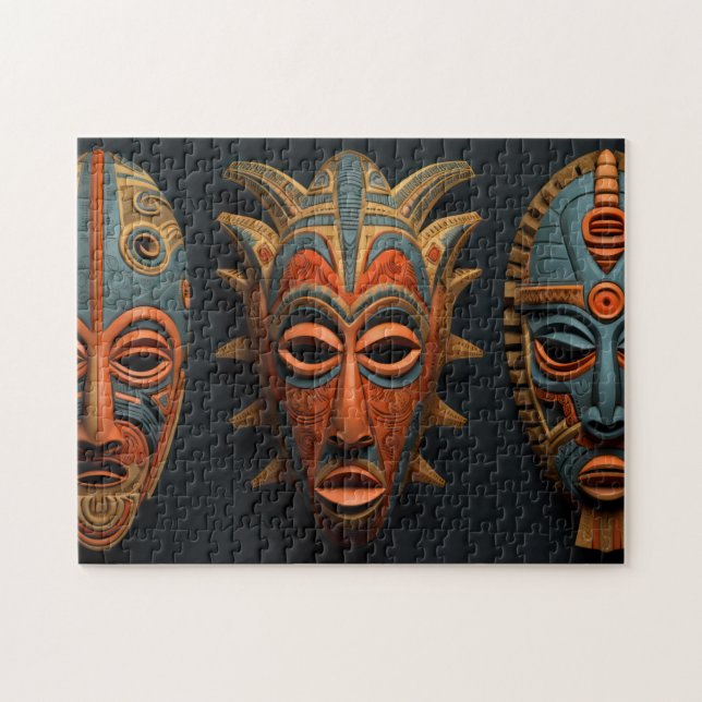 Puzzle Masques africains en orange et bleu turquoise (Horizontal)