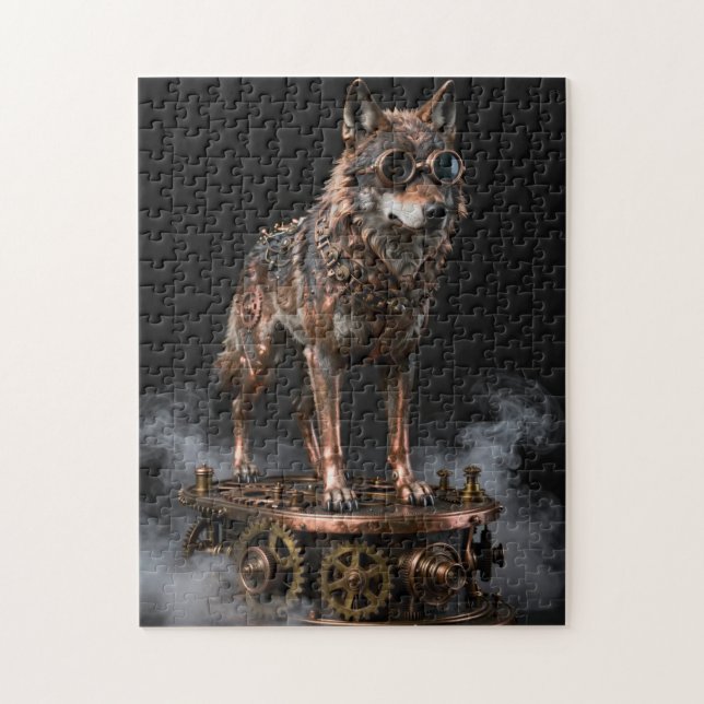 Puzzle mécanique de loup steampunk sur engrenages (Vertical)