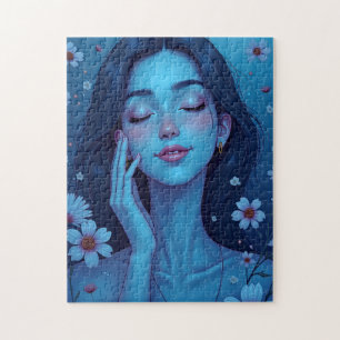Puzzle Méditation Anime Bleu Femme Florale