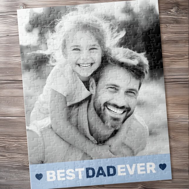 Puzzle Meilleur papa jamais coeur photo bleu fête des pèr (Best dad ever photo hearts blue fathers day jigsaw puzzle)