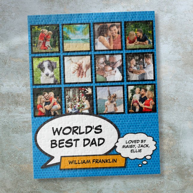 Puzzle Meilleur Papa Papa Père 12 Photo Bleu Fun Bande de (Best Daddy Dad Father 12 Photo Blue Fun Comic Jigsaw Puzzle)